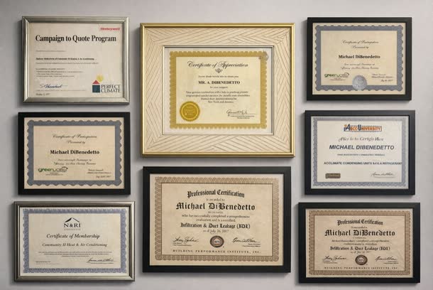Framed certifications on the Community II office wall, including Building Performance Institute certifications issued to Michael DiBenedetto